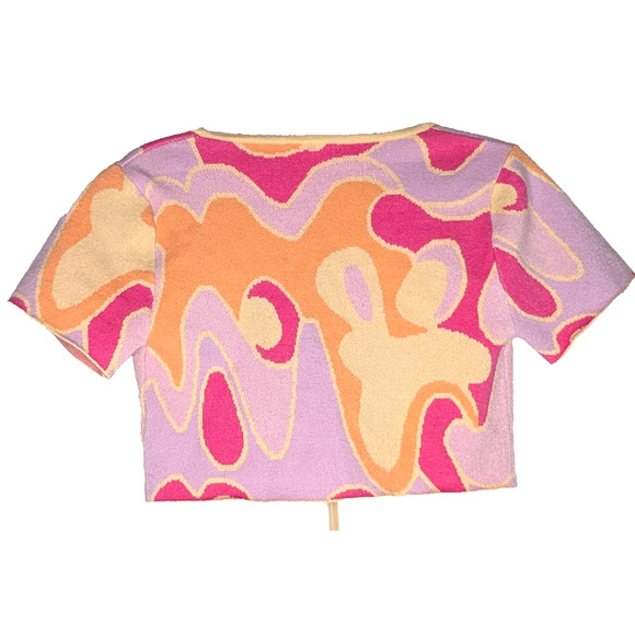 Pepper Mayo On the Record Psychedelic Boho Retro Crop Knit Tie Front Top M/L - Picture 7 of 11